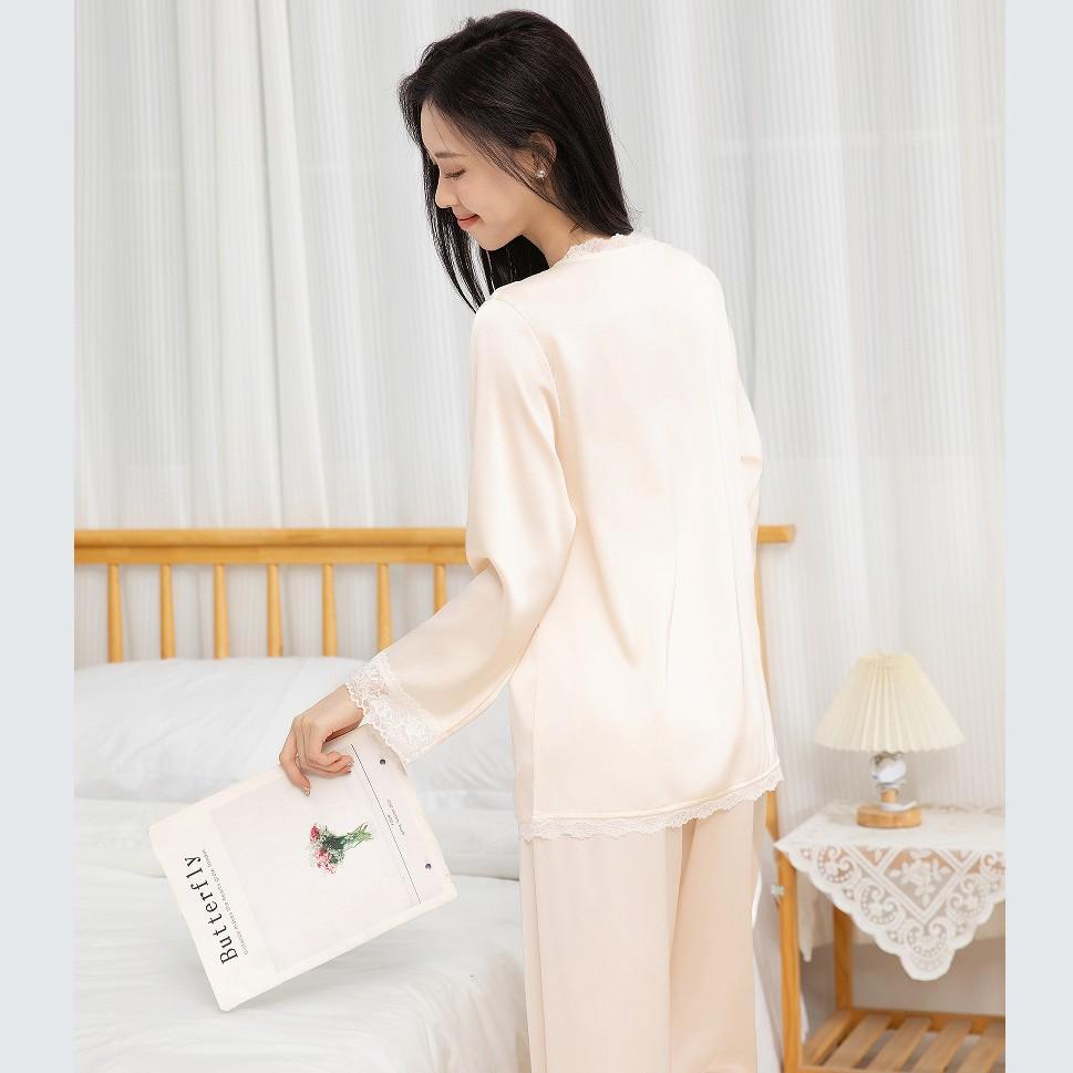 New Spring and Autumn Pajama Set French Pure Desire Wind Ice Silk Sweet Champagne Three-piece Set High-end Home Clothing Worker