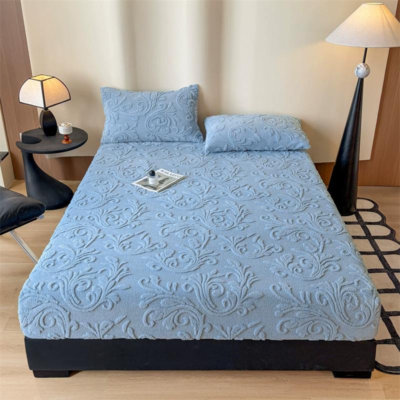 1PCS Plush Embossed Fitted Sheet Thick Warm Bedding for Autumn Winter Soft Comfortable Fabric Deep Pocket Design for Queen King Single  No Pillowcases