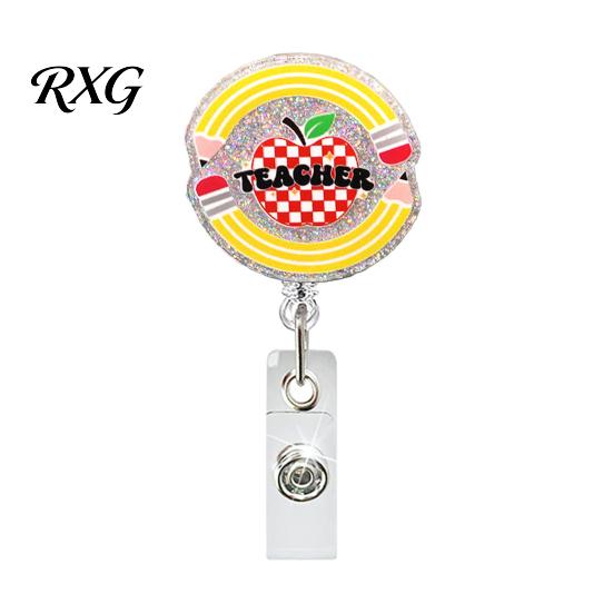 Retractable ID Card Reel Cute Glitter Badge Reels, Acrylic Holder with Clip, for Office Nurse Teacher Name Keychain Hook