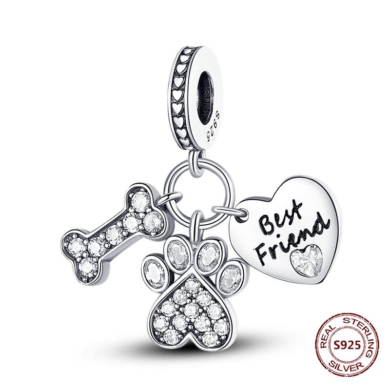 Copper Original Dog Cat Safety Chain Lazy Cat Pink Zircon Pet Paw Print Footprint Charms Fit Bracelet For Women Diy Jewelry