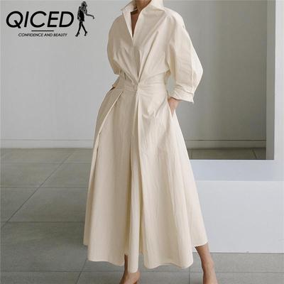 Women Casual Loose Long Dress Turn-down Collar Long Sleeve