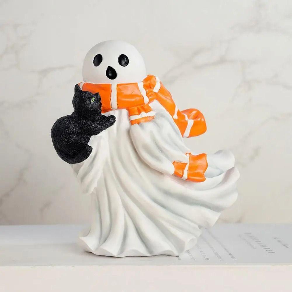 Creative Halloween Ghost Statue Cartoon Halloween Figurine Ghost Black Cat Sculpture  Office Decor