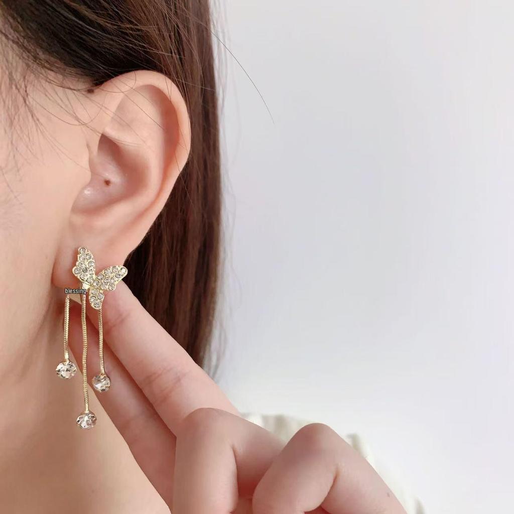 Elegant Butterfly Tassel Earrings with Full Diamond Design