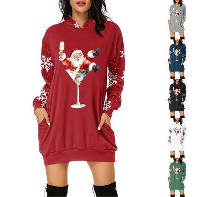 Women's Christmas Print Long-Sleeved Hooded Pocket Pullover Dress