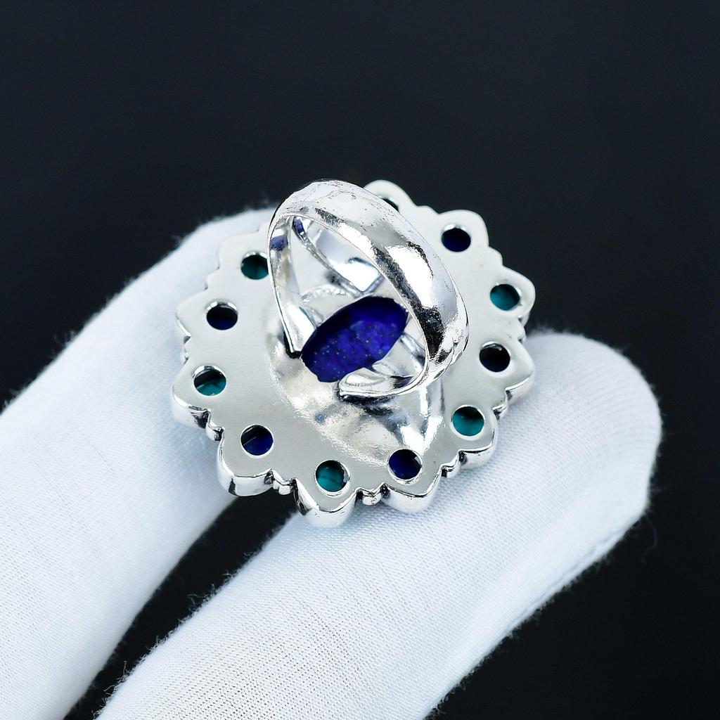 Turquoise, Lapis Lazuli Gemstone Ring, 925 Sterling Silver Ring, Gift For Her, Oval Stone ,Elegant Handmade Ring, Lapis Lazuli Flower Silver Ring