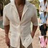 Camisa de punto calada de verano para hombre, Top de punto de manga corta con cuello tipo Polo ajustado de Color sólido, ropa informal para hombre