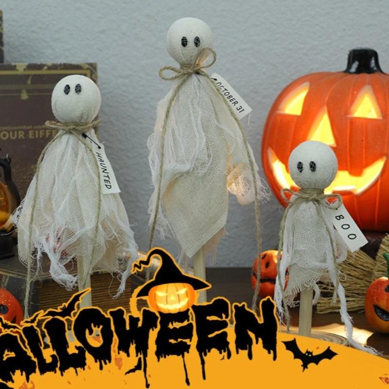 Halloween Decorations Indoor - Set of 3 Primitive Halloween Ghosts Dector on Wooden Stand for Table Centerpieces, Shelves