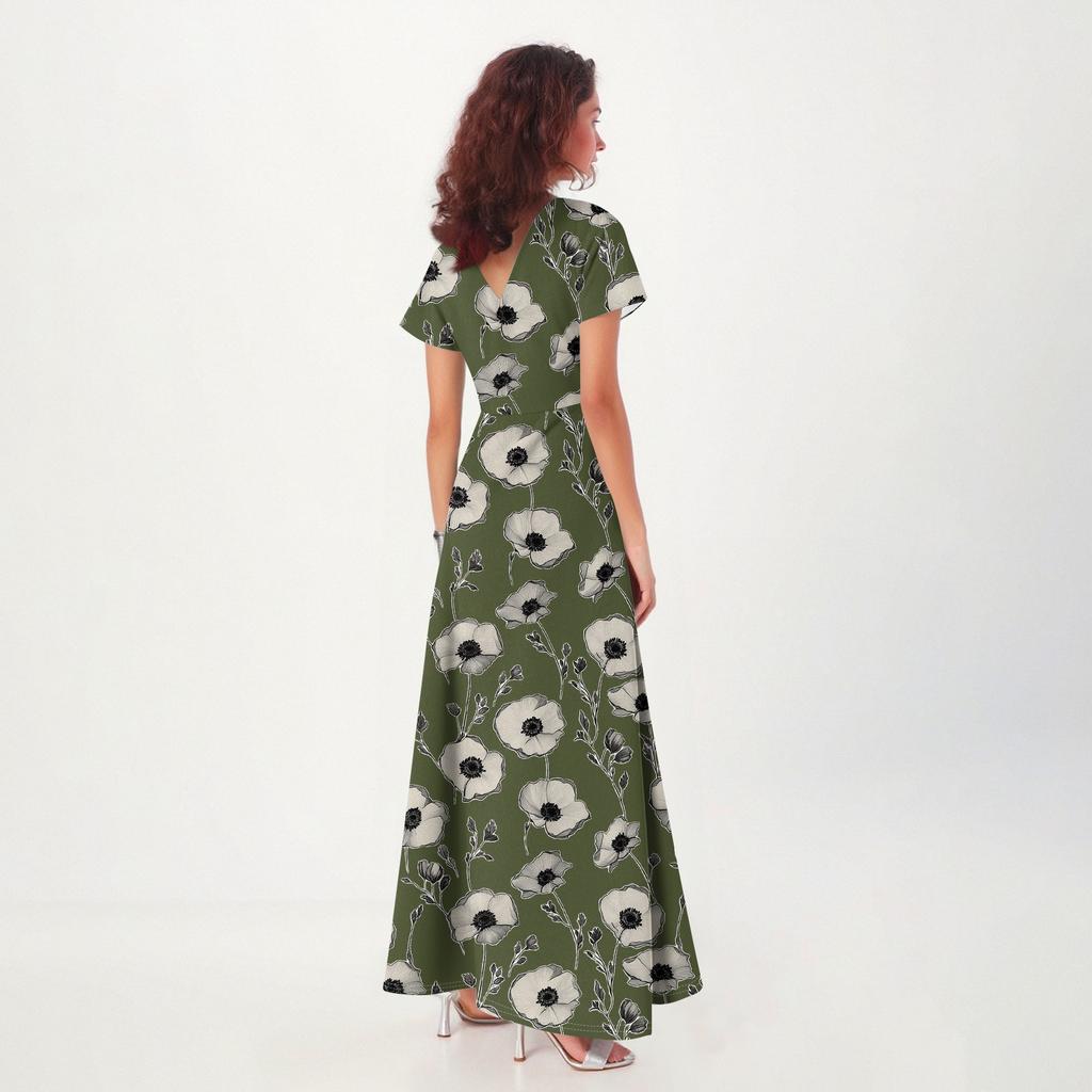 Lässiges Damenkleid mit V-Ausschnitt, kurzen Ärmeln und hoher Taille, Retro-Blumenblatt-Print