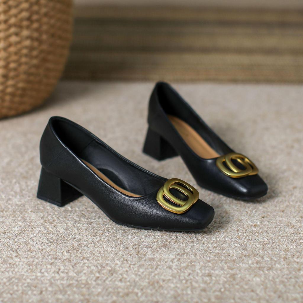 Scarpe in Pelle con Tacco Chunky e Punta Quadrata - Versatile Tacco Medio per Lavoro e Moda