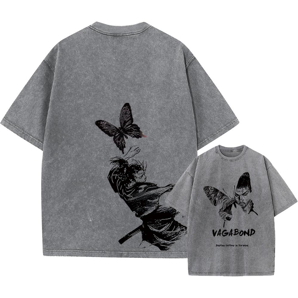 Anime Miyamoto Musashi Acid T Shirts Casual Vintage Washed Tee Short Sleeve Manga Gothic Tops Unisex Summer