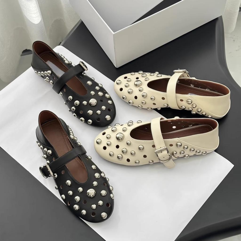 Sheepskin Version~ Flat Shoes, Ballet Shoes, One-word Buckle Rivets, Mary Jane Shoes, Shallow Mouth Versatile Hollow Single Shoes Women