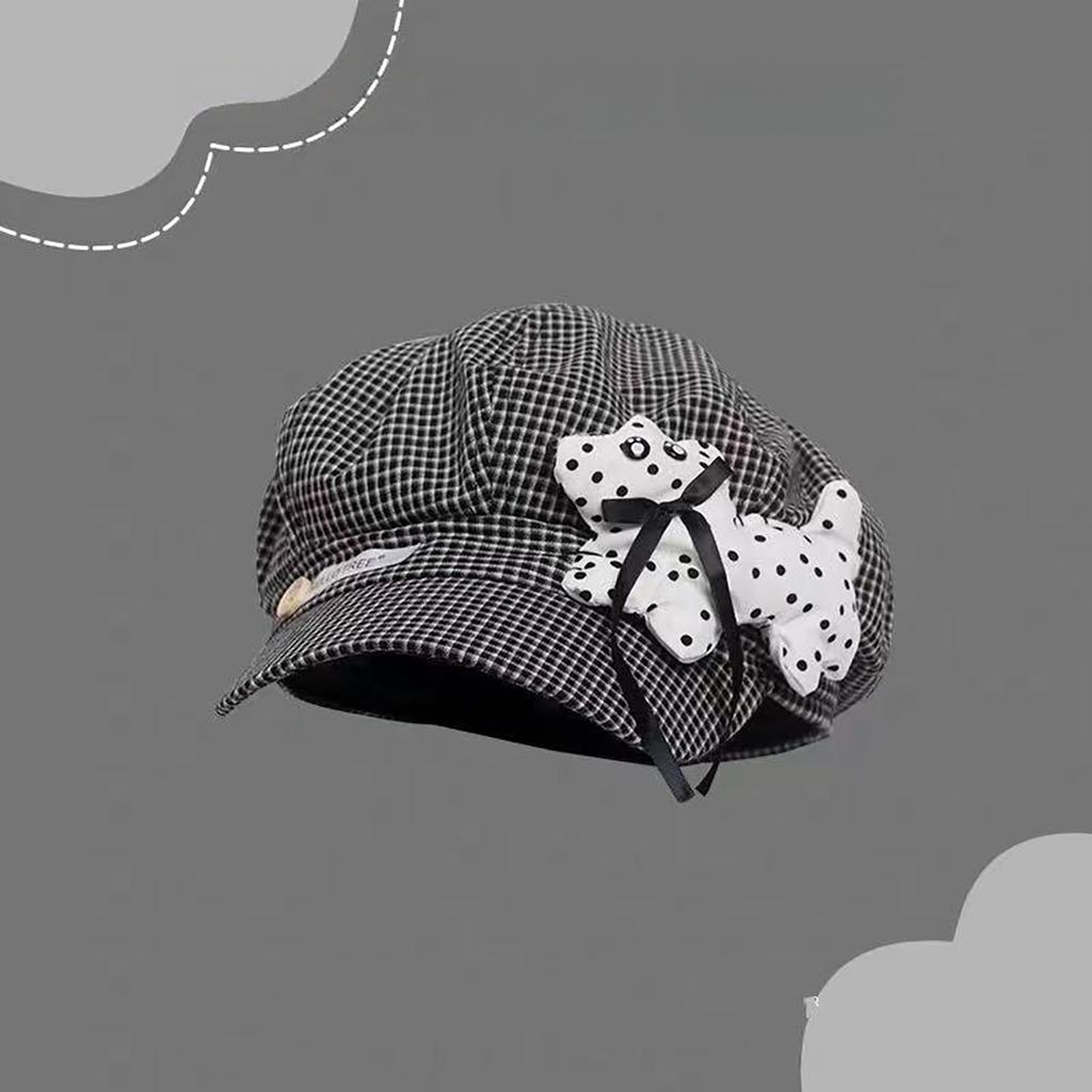 Women Plaid Octagonal Beret Hat Cute Dot Puppy Newsboy Cap Spring Autumn Girl Casual Sunshade Caps