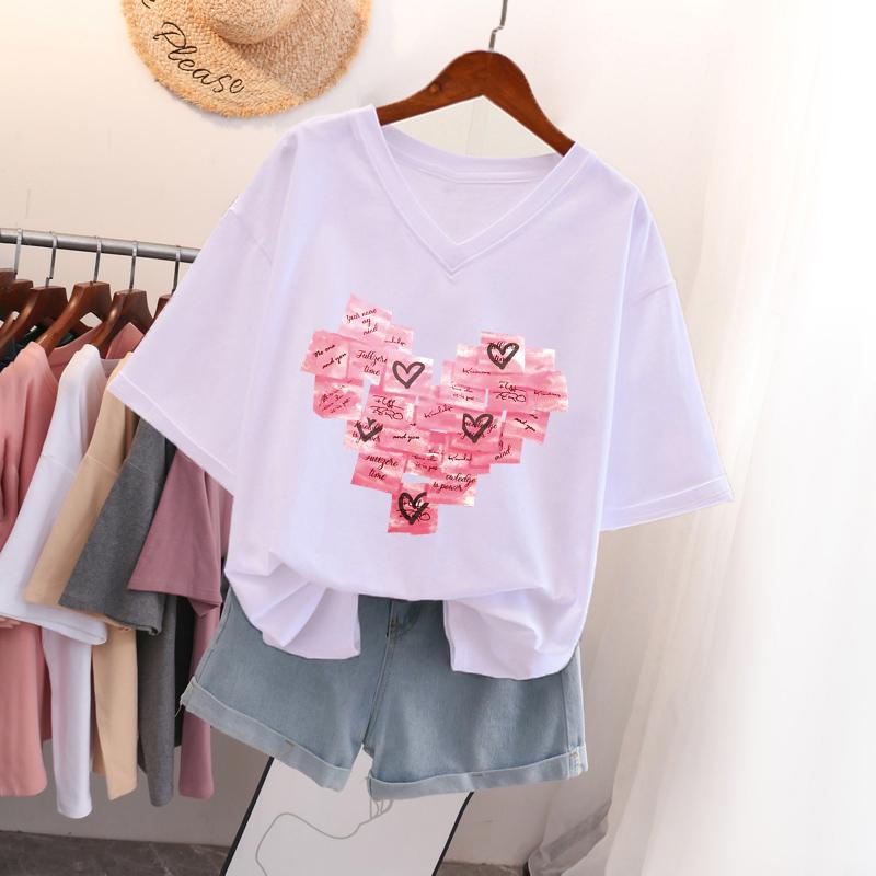 

Жіноча футболка з коротким рукавом, великого розміру, вільного крою, що підкреслює фігуру, нішева, топ з V-подібним вирізом з чистої бавовни, що прикриває живіт S