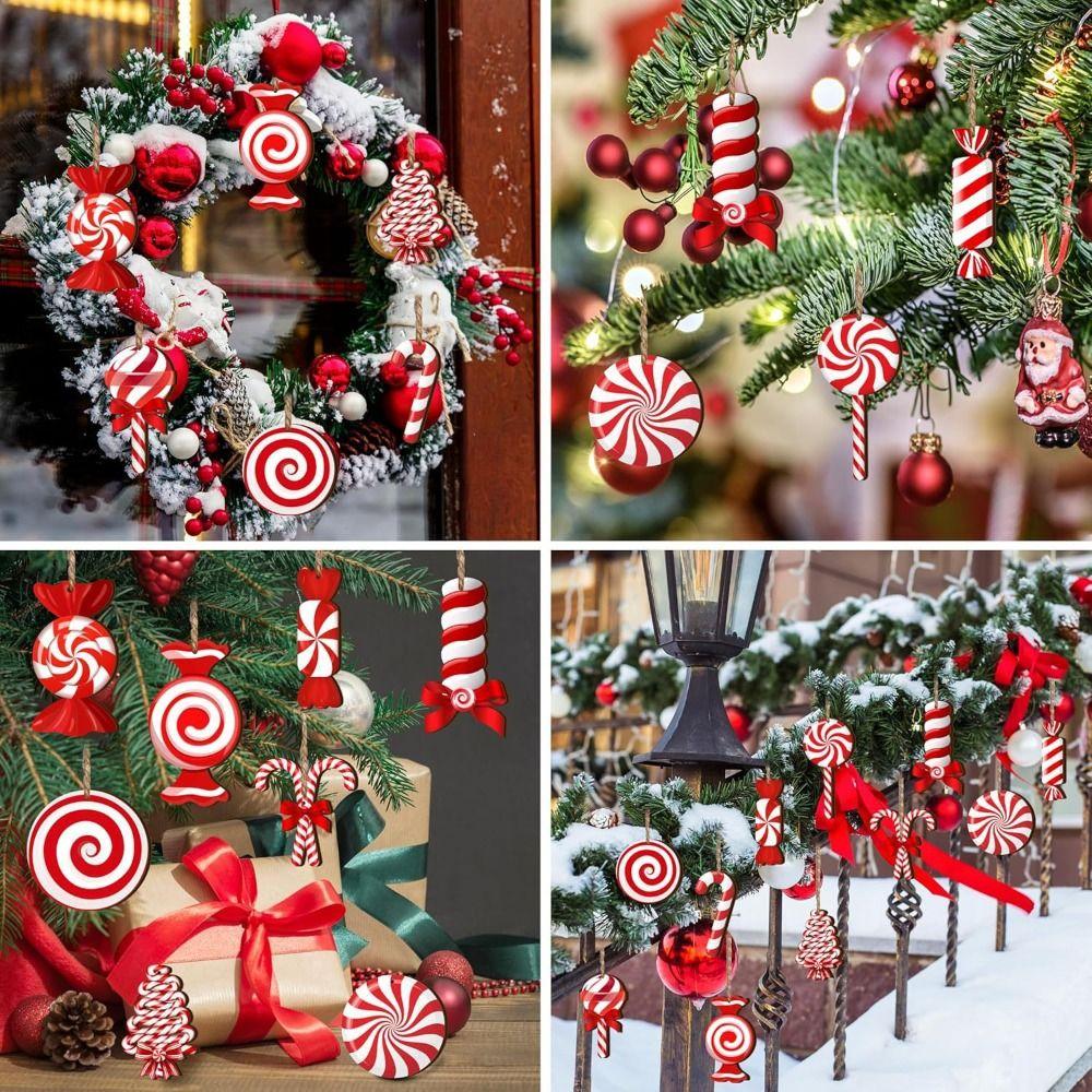 12 Stück Holz Weihnachtsanhänger Rote Zuckerstange Dekoration Neue Hängeornamente Neujahr