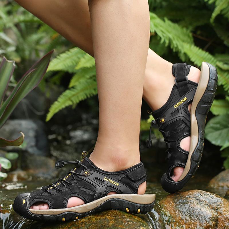 Fashion Summer Style Mens Leather Beach Hollow Out Shoes Anti-Slip Casual Thick Bottom Outdoor Comfort Sandals  Breathable Wade Sandals