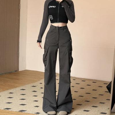 Amerikansk Stil Vintage Sommar Damkläder Enfärgade Cargobyxor Harajuku Mode Hög Midja Casual Lös Vid Ben Flare Byxor