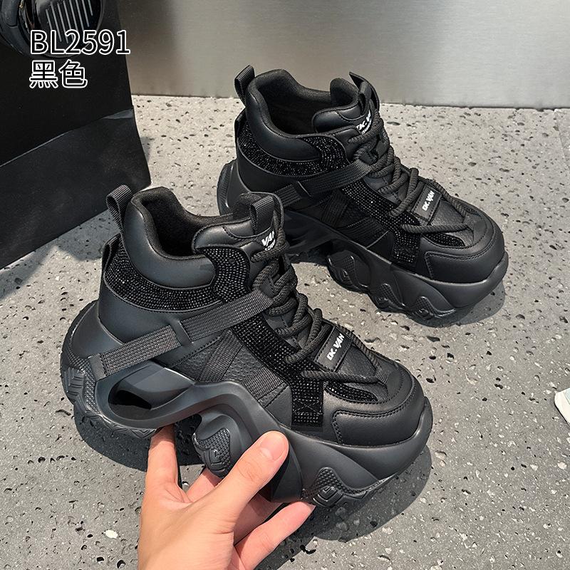 Thick-soled high-top dad shoes New leather rhinestone casual sports shoes in autumn