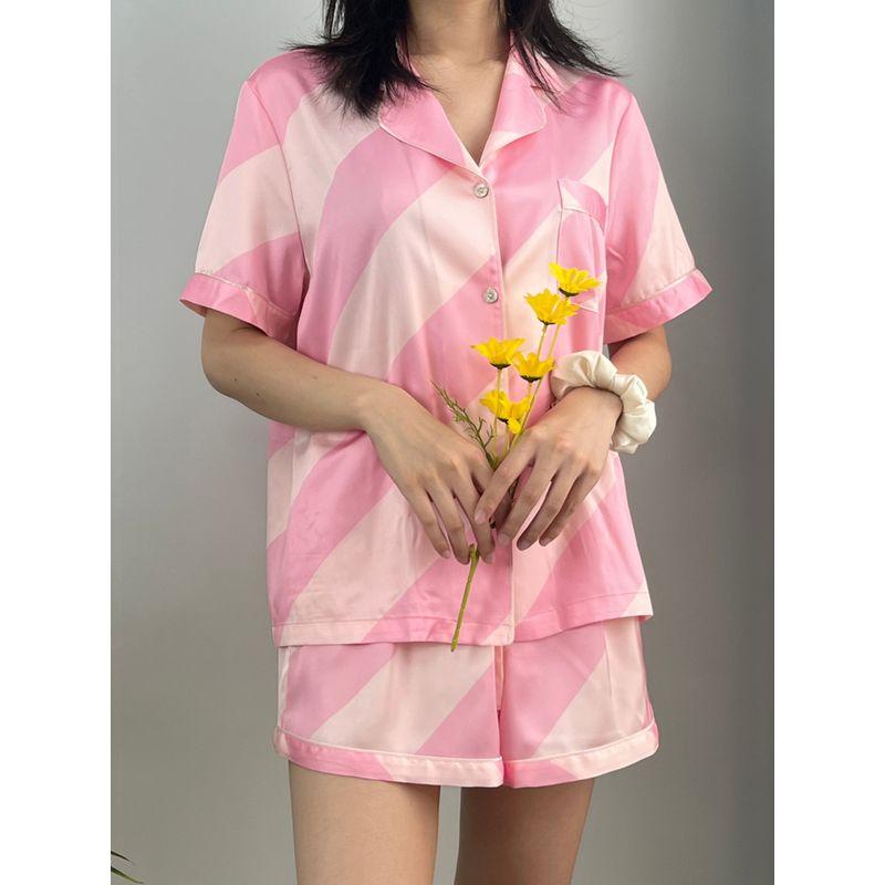

Weijia Artificial Silk Silks and Satins Small Pink Heart Pajamas Women s Suit Short Sleeve Shorts Summer Thin Homewear Secret Diba with rainbow L