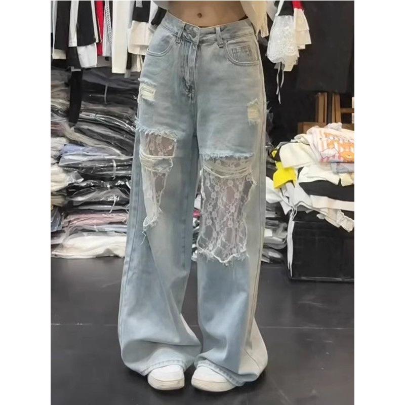 Women's Retro Ripped Lace Patchwork Wide-Leg Jeans - Casual Spring Style