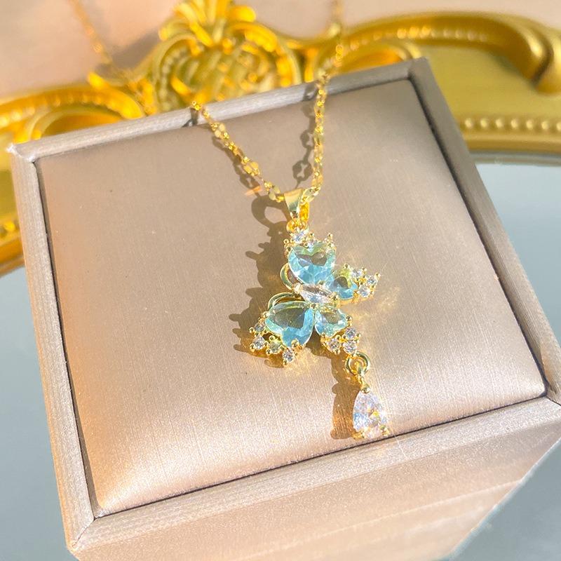 Women S Butterfly Tassel Titanium Steel Necklace Zircon Inlaid Clavicle Chain