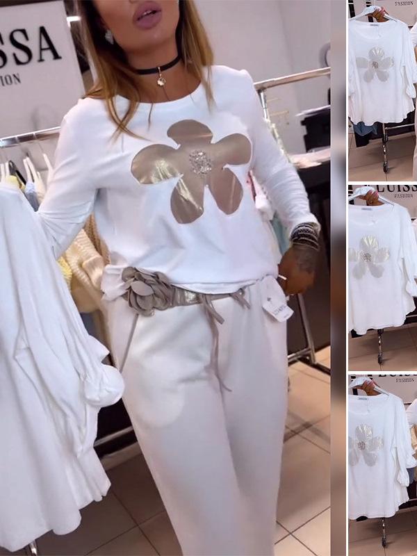 Women's Floral Pattern Casual Long Sleeve White T-Shirt - European Design