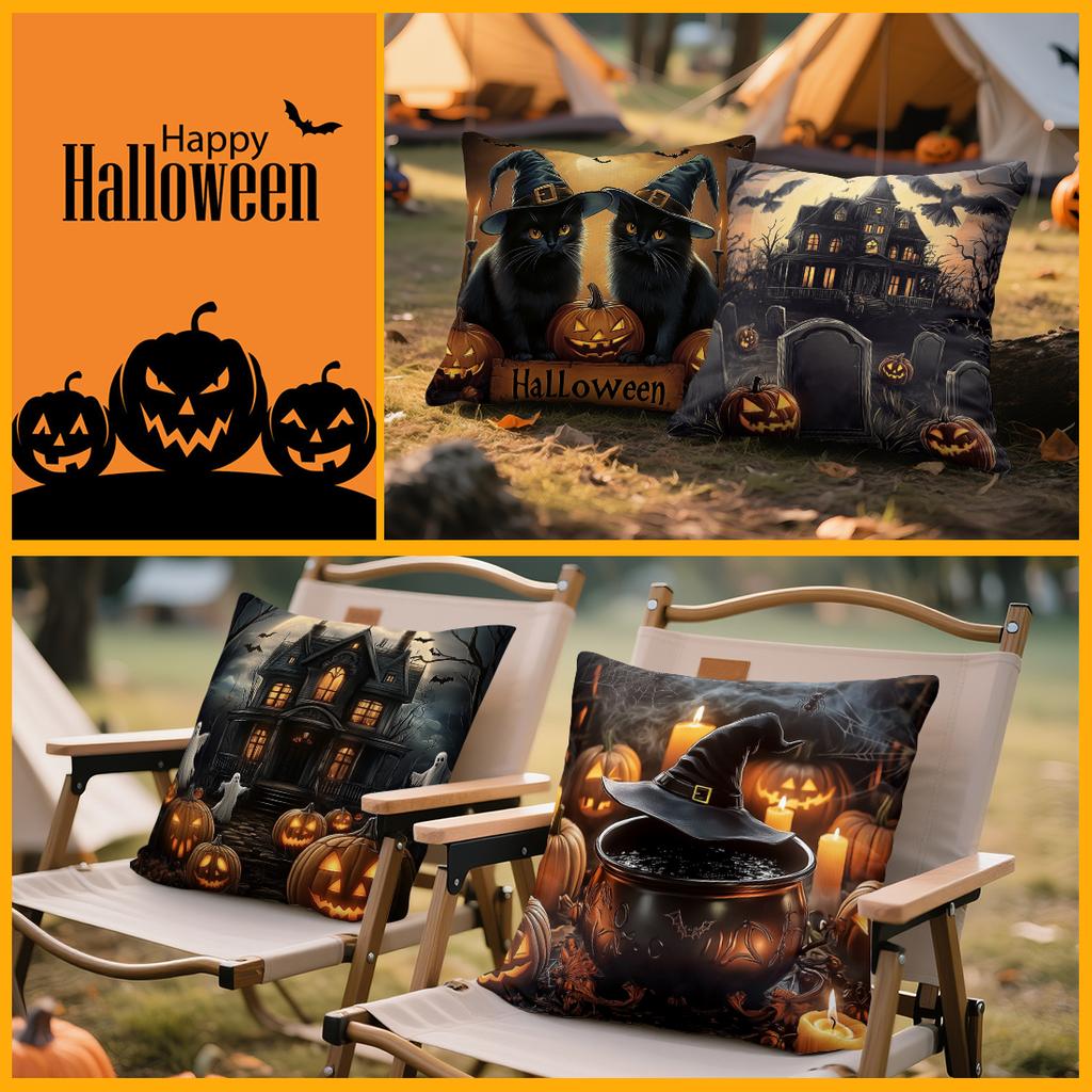 Halloween Black Cat Witch Hat Cushions Pillowcase Polyester Cushion Cover Throw Pillow Sofa Decoration Pillowcover Home Decor