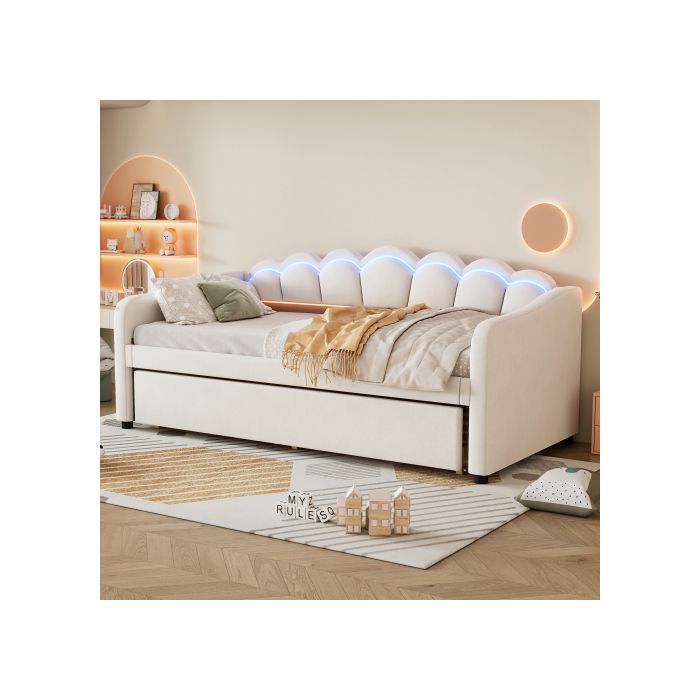 Lit De Jour - Daybettt - 90x200 Cm - Lit Escamotable - Flanelle Et MDF - LED Réglable