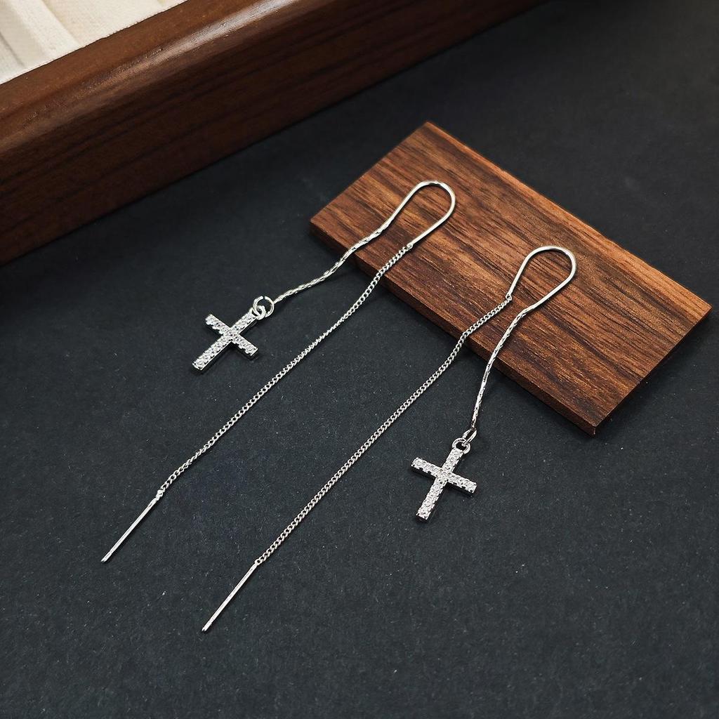 Elegant Korean-Style Long Tassel Cross Earrings with Inlaid Diamonds for Women
