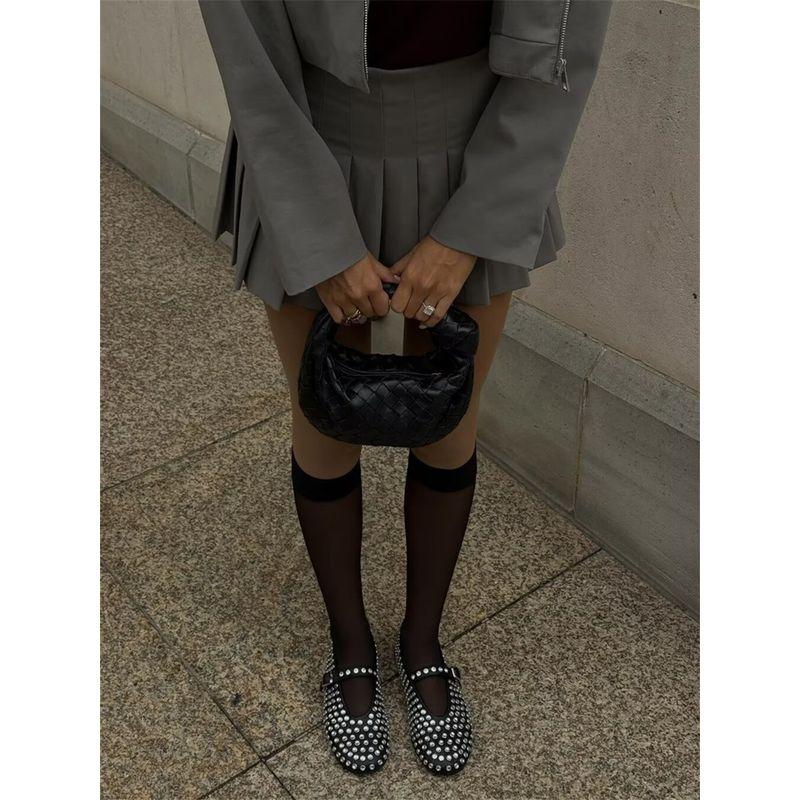 Berkeley Girl American Preppy Style Classy Gray Lazy Style Hooded Cardigan + Pleated Two-Piece Overskirt Suit