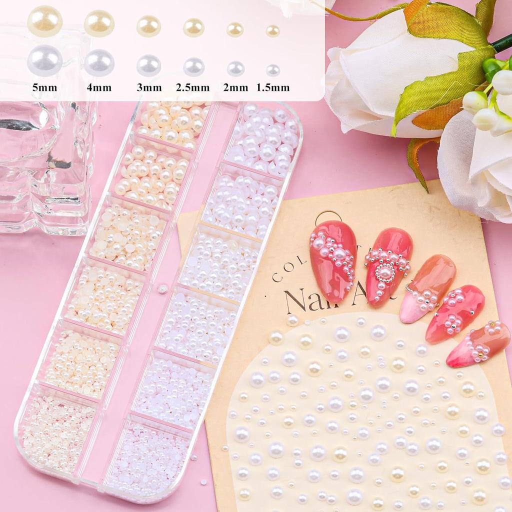 12-Grid Nail Art Set: Glass Rhinestones, Mini Steel Beads, Flat-Bottom Half Pearls for Decoration.