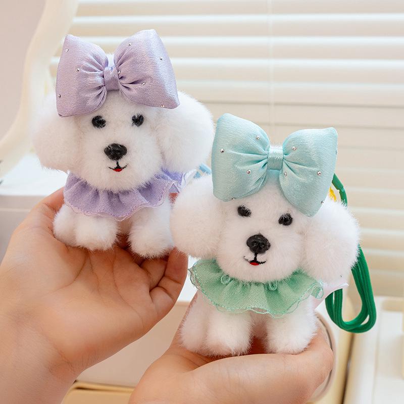 Adorable Princess Teddy Dog Pendant with Bow Tie - Plush Keychain Doll