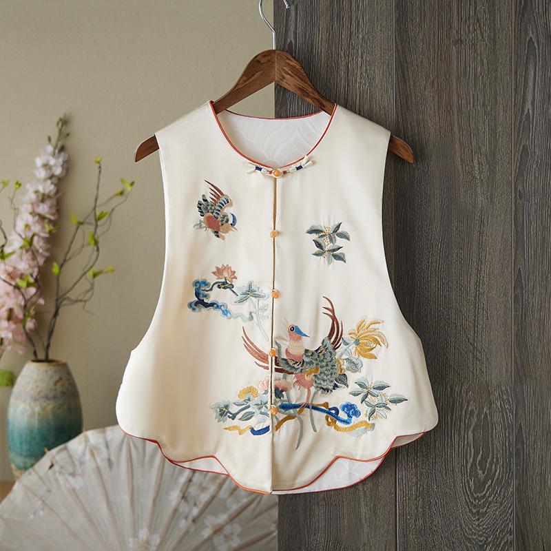 

Двусторонний женский жилет с вышивкой и застежкой на пуговицы-лягушки XXL шампанского