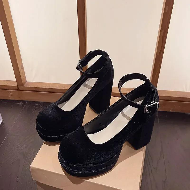 Fashion Platform Mary Janes Shoes Women Suede Luxury High Heel Lace Up Trend Lolita Shoes Elegant Chunky Party Pumps Zapatos De Mujer