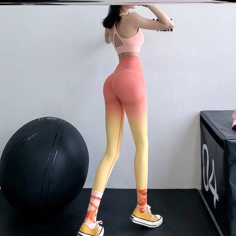 

European and American Style, Peach Butt Fitness Pants, Gradient Color, High-Waisted, Tummy Control, Outerwear Sports Pants, Tight-Fitting, Stretchy Gradient Orange-J58 S(40-50kg)