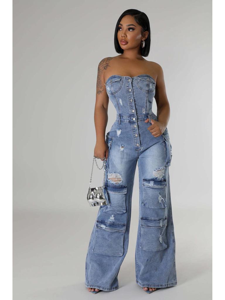 Europeisk og amerikansk avslappet stroppeløs slim-fit denimjumpsuit for kvinner