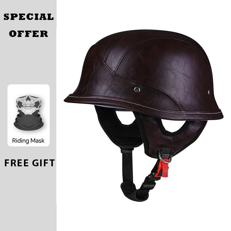 Leather Half Helmet Vintage Open Face Motorcycle Helmets Retro German Low Profile Half Helmet DOT Certified 1/2 Half Helm