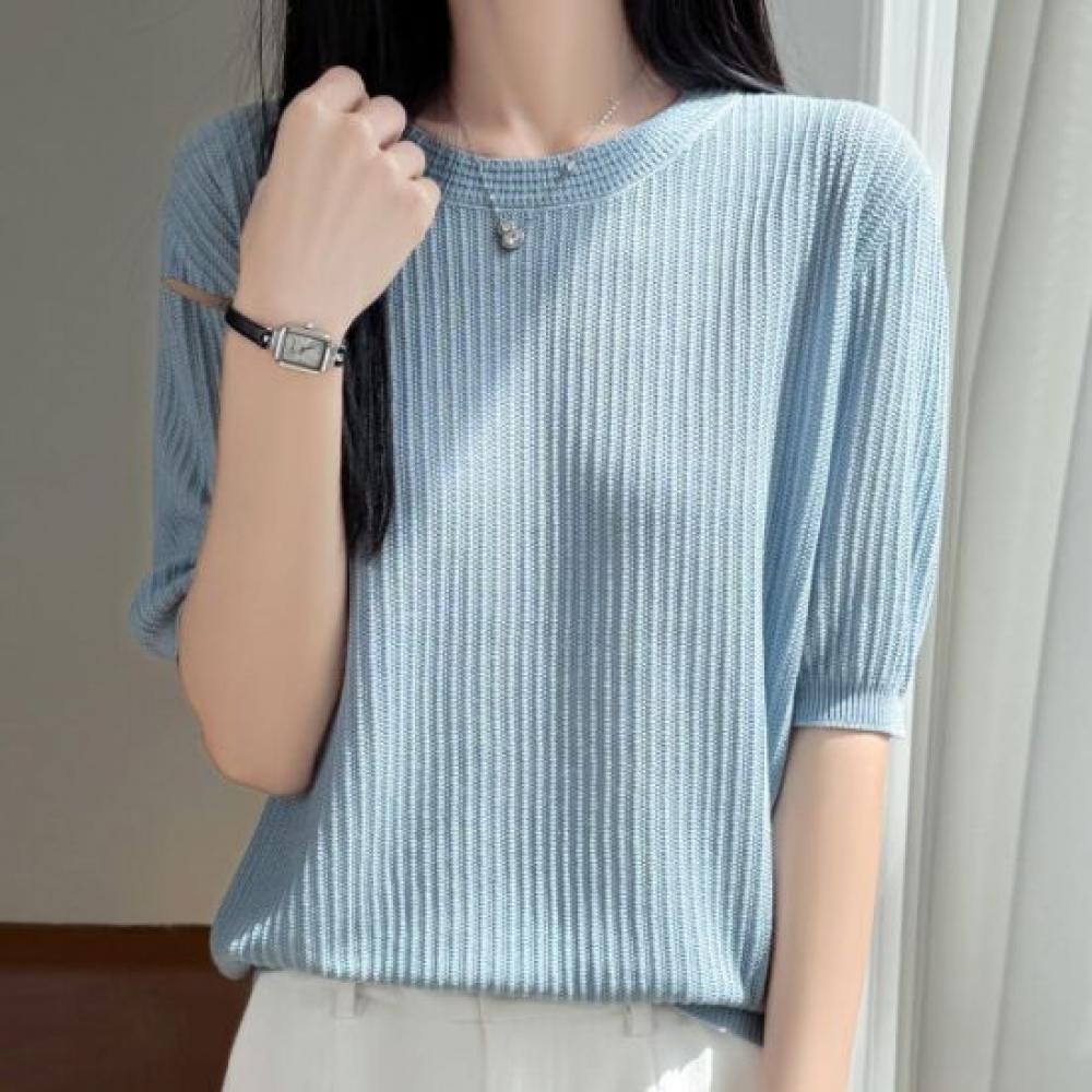 Navava Women S Simple baSic Solid Rib Round Neck 5 Sleeve Knit Tee Nk3670