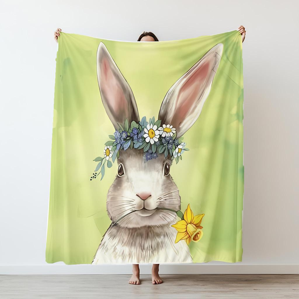 Cartoon Rabbits Happy Flannel Throw Printed Blanket Soft Warm Blanket Grain Blankets for Bedroom Couch Sofa
