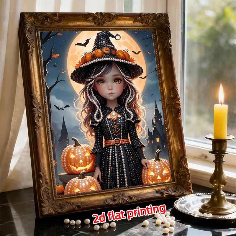 Pearl Painting DIY Kit Frameless Little Witch With Pumpkins Moon Bats Halloween Pattern Shiny Bead Art Canvas Creative Wall Decor Gift Idea