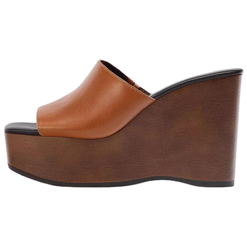Zara Fashion Slip-On High Heel Leather Square Toe Wedge Sandals Women Sandals Brown 1319610105