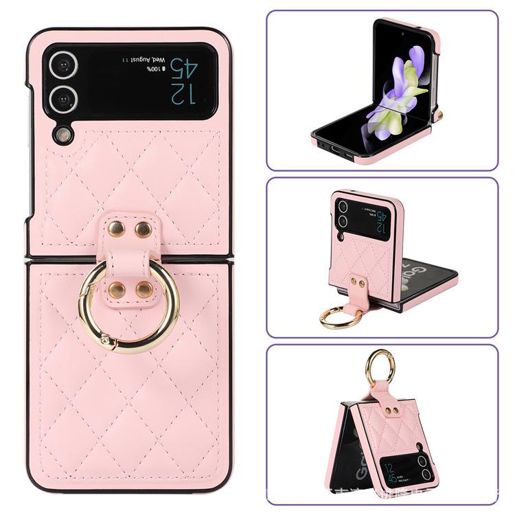 Applicable To Samsung Z Flip5 Folding Ring Buckle Mobile Phone Case, Japanese and Korean Diamond Leather Case, Zflip4 Back Cover Protective Case.