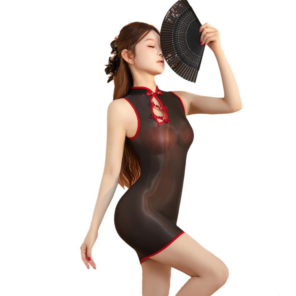 Sexy Women 5D 912 Pin Oil Glossy Shiny Tights Dress Cheongsam Package Hip Mini Dress Sheer See Through Maid Dress Hollow Out