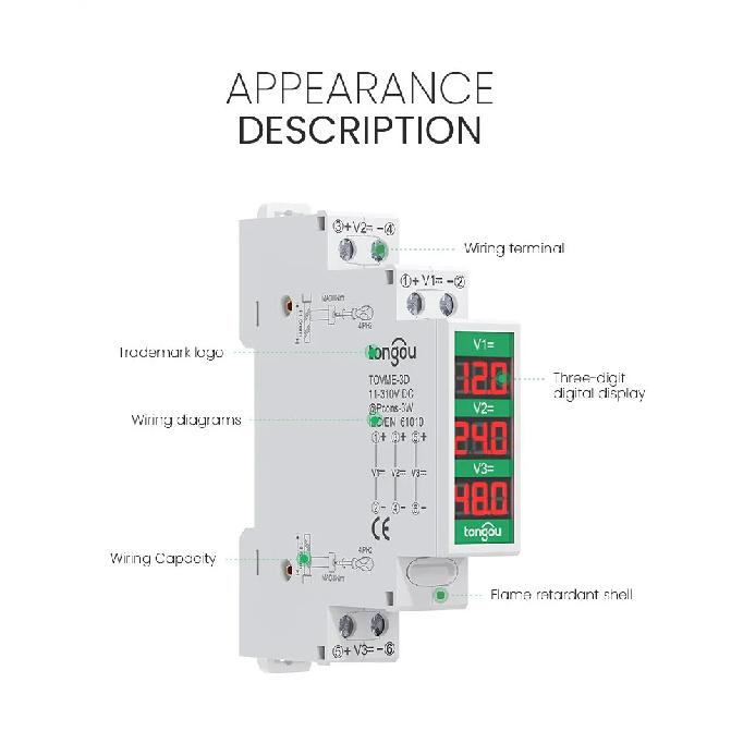 Din Rail Smart LED Digital DC11V-310V Direct Current Voltage Meter Numeric Display Voltage Gauge for Electronics