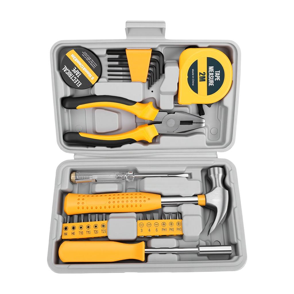 24 Piece Hand Repair Tool Kit Non Slip Handle Pliers Hex Wrenches Short Screwdriver Bits Tape Measure for Home Use