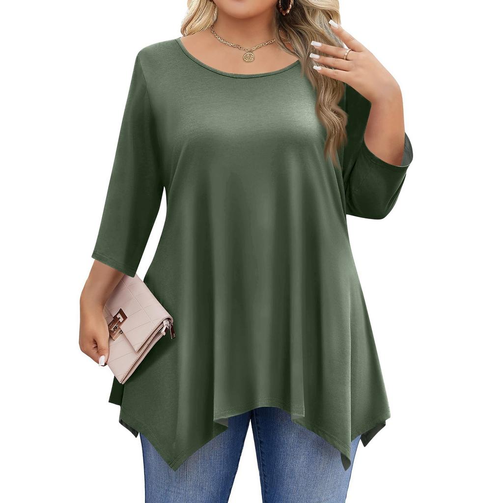 Womens Plus Size 3/4 Sleeve Shirts  Round Neck Tunic Tops Basic Loose Fit Tee Tops L-5XL