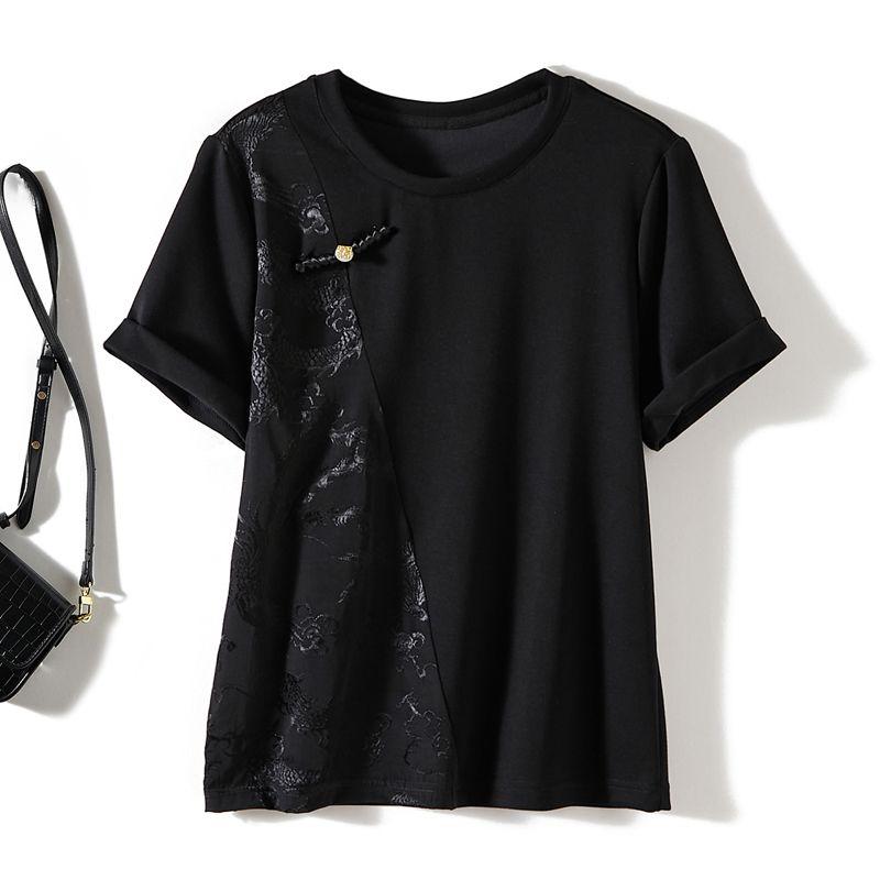 

Chinese Style Stylish Black (New Products) Tops! Wenjing Girls Jacquard Stitching Cotton Short-Sleeved round Neck T-shirt Summer Black L