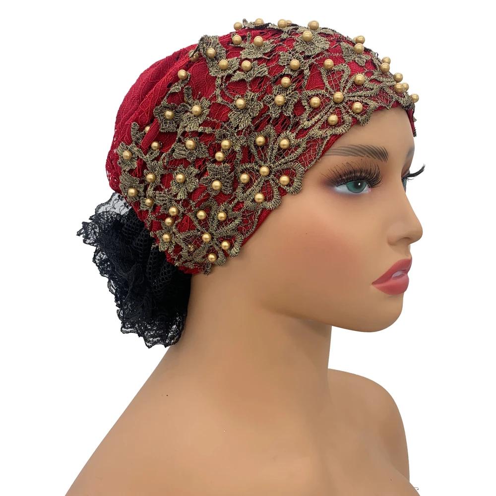 Muslim Headscarf Hat Hairloss Chemo Cap African Headwrap Bonnet Embroidery Beading Turban Cap For Women