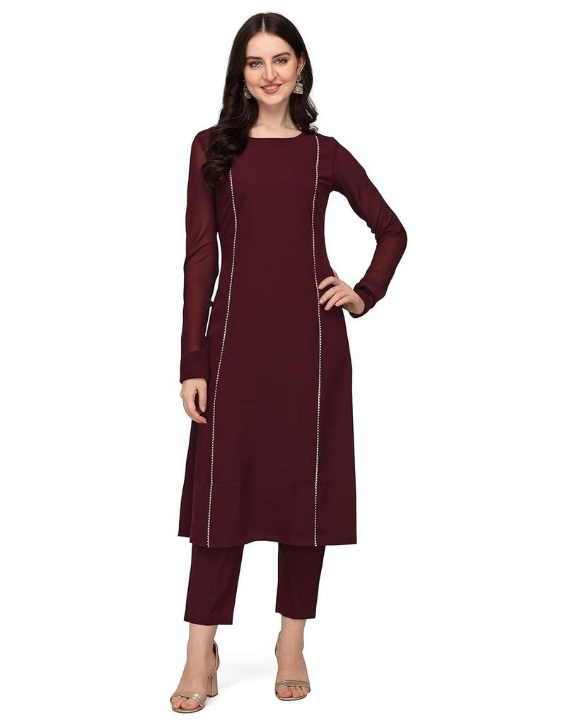 Women's Maroon Poly Crepe Straight Kurta Pant With Dupatta Set Party Wear Top Tunic Dress