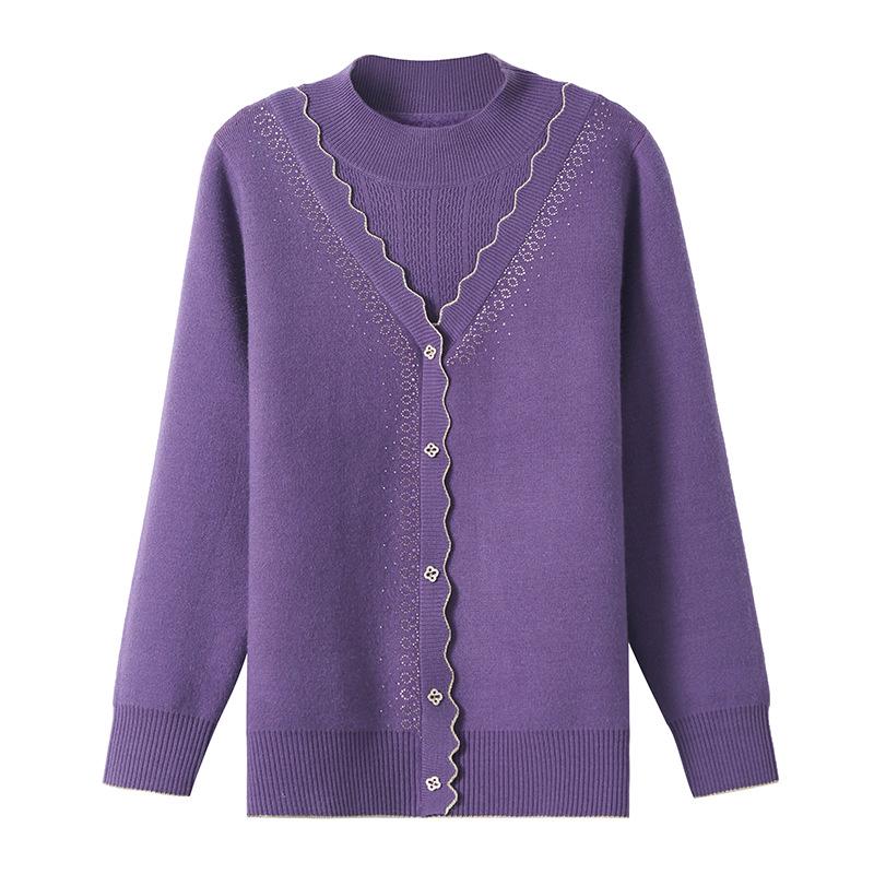 Stylish Two-Piece Look Knitwear for Middle-Aged & Elderly Women - Autumn/Winter, Velvet-Lined, Thick, Warm, Loose Fit, Large Size Mom’s Sweater