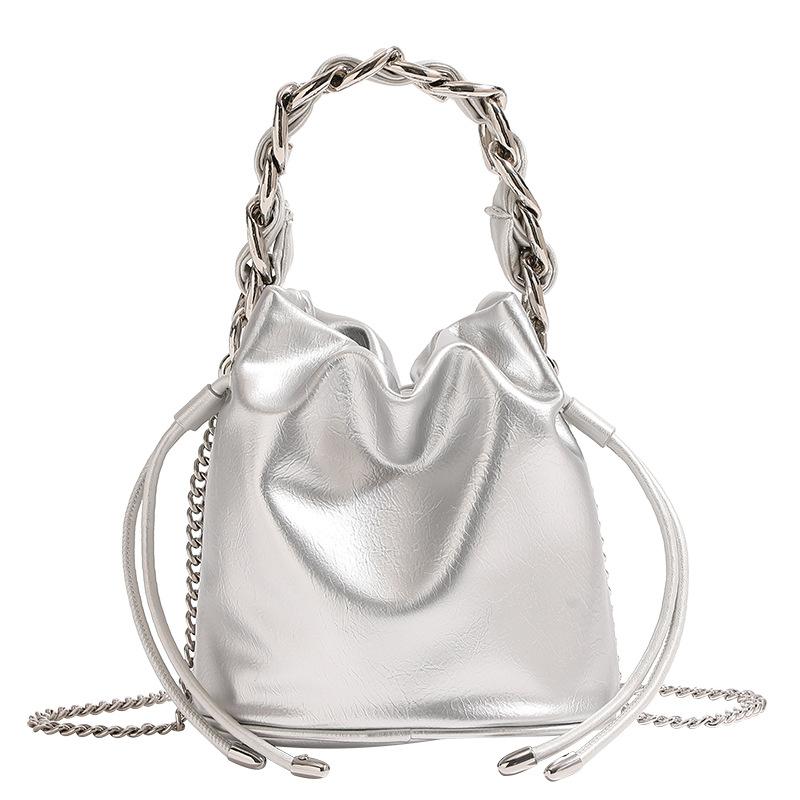 Silver Wandering Woven Chain Bucket Bag, New Female Niche High-end Sense, Hand-held Crossbody Small Bag, Shoulder Bag